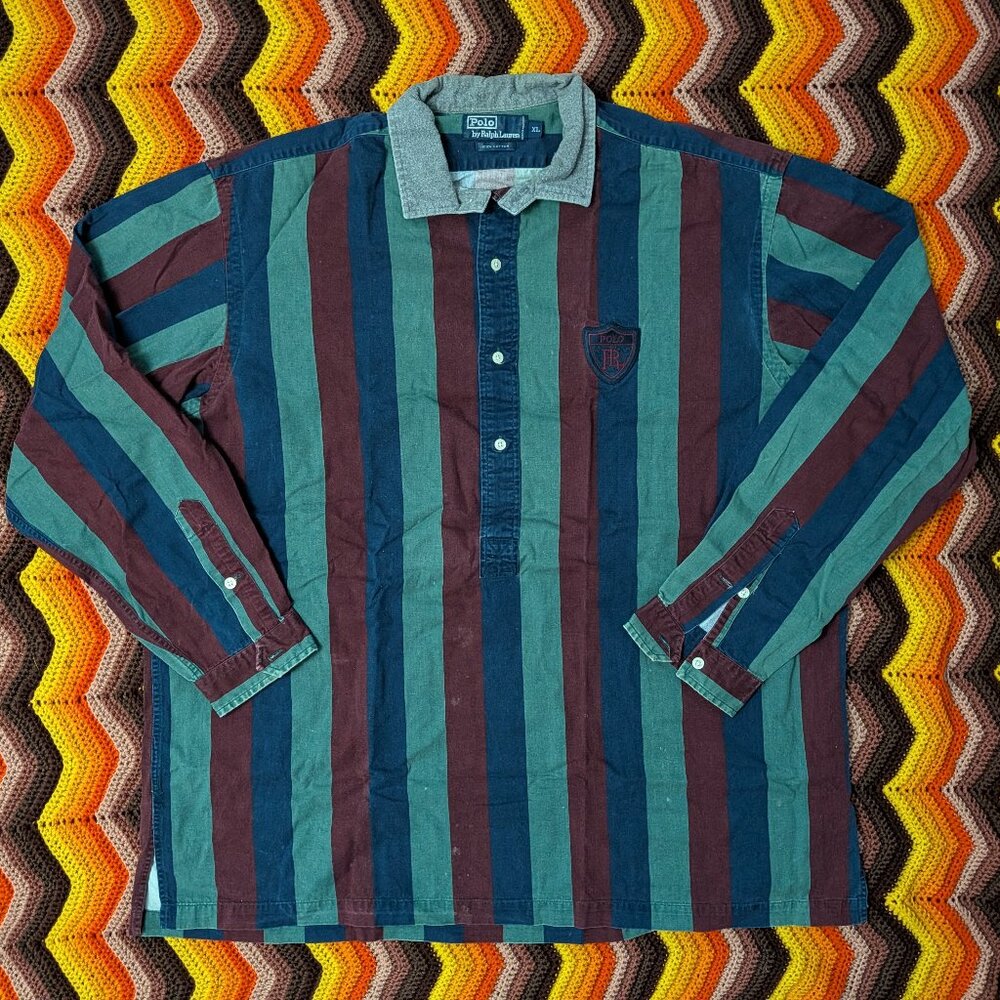 XL Vintage Polo Ralph Lauren Striped Long Sleeve Shirt Crest Logo h346